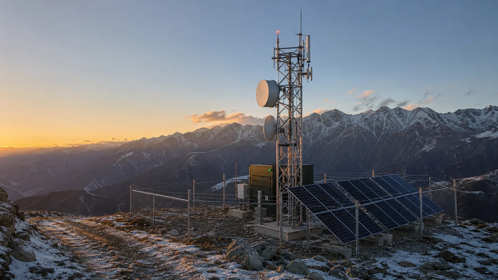 Solar-powered microwave communication site in a mountainous remote location
