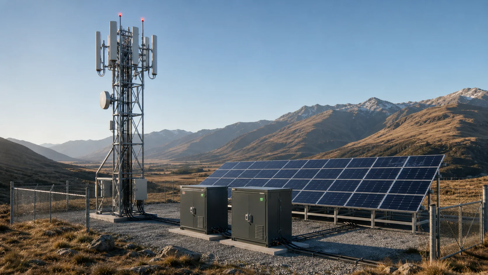 Off-grid telecom site with photovoltaic array and outdoor energy cabinets