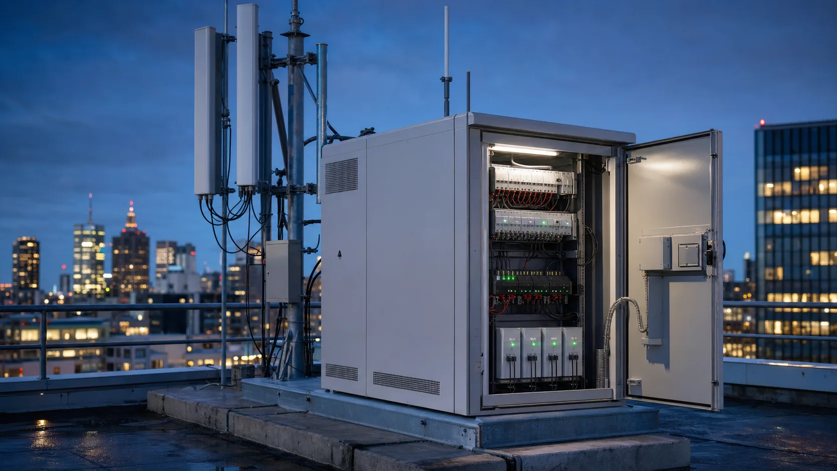 Telecom battery backup cabinet supporting critical rooftop radio equipment