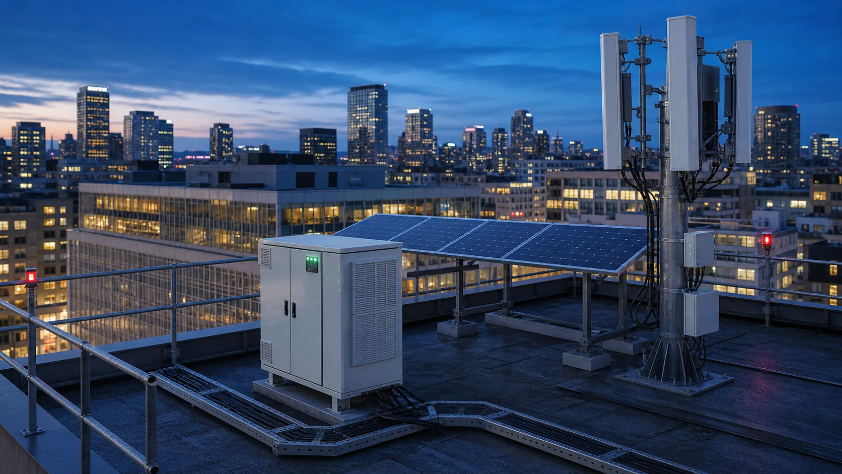 Urban rooftop telecom site with compact energy storage and backup power