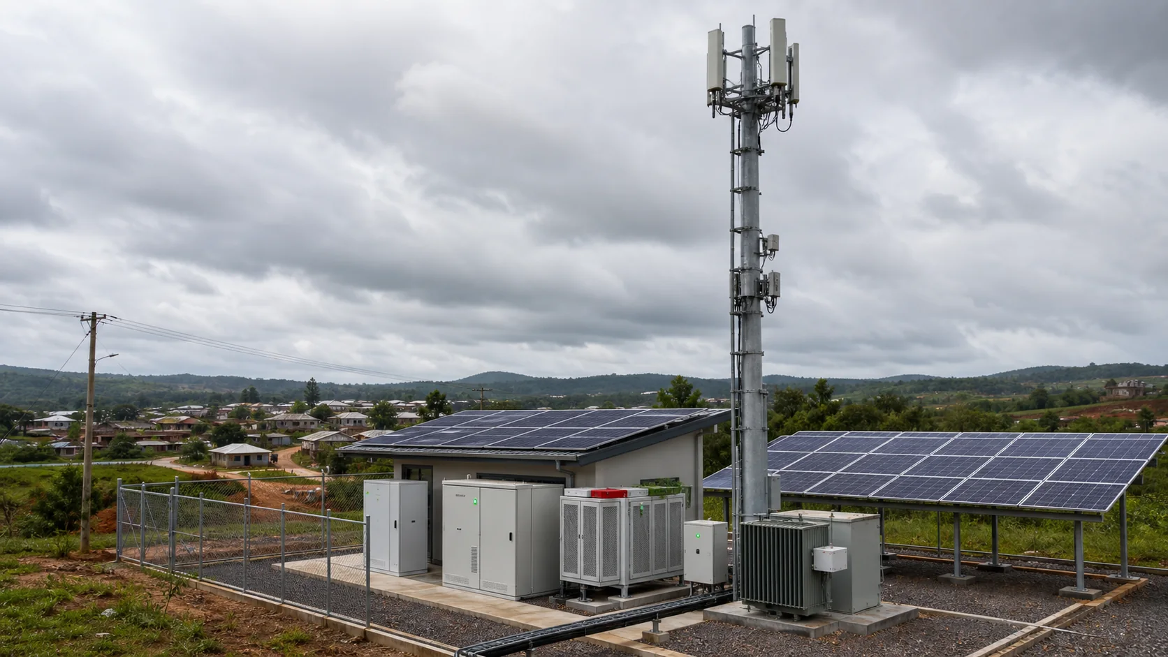 Weak-grid telecom site combining solar panels, batteries and a utility connection