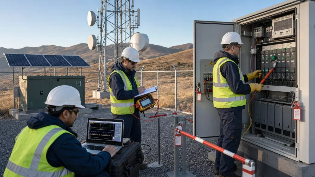 Engineers performing controlled fault isolation and commissioning tests at a remote telecom power site