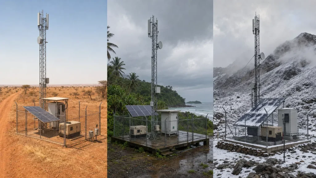 Remote telecom power systems adapted for dry, tropical coastal and cold mountain environments