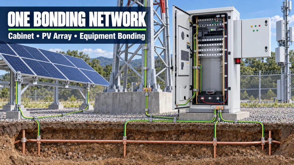 Telecom cabinet, PV array and tower connected to a shared equipment bonding and earth network