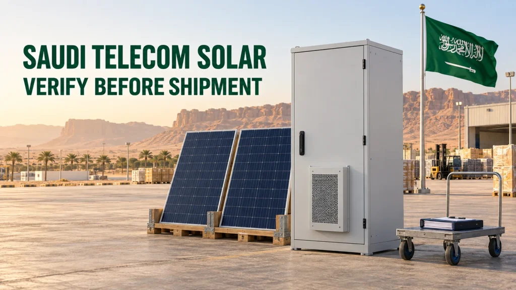 Closed telecom energy cabinet and PV modules in an illustrative Saudi dispatch yard with the Saudi Arabian flag.