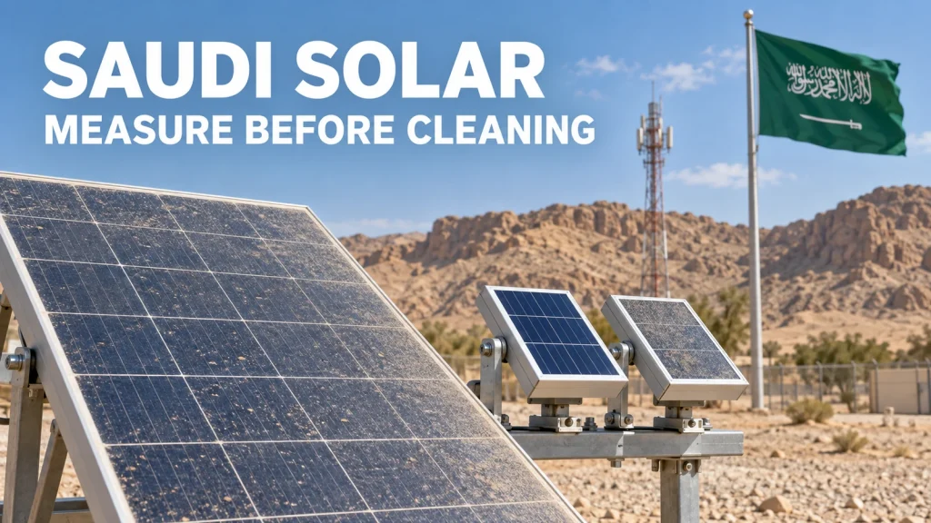 Dusty telecom PV module and paired clean and soiled reference devices in an illustrative Saudi compound with the national flag.