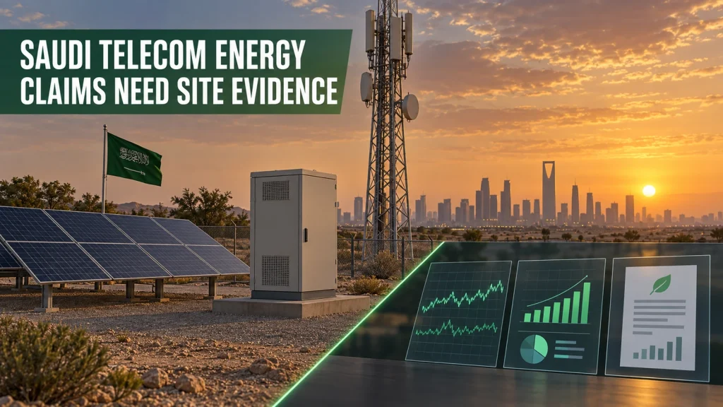Saudi telecom renewable-energy evidence poster showing a solar telecom site, a reporting desk and the Saudi flag.
