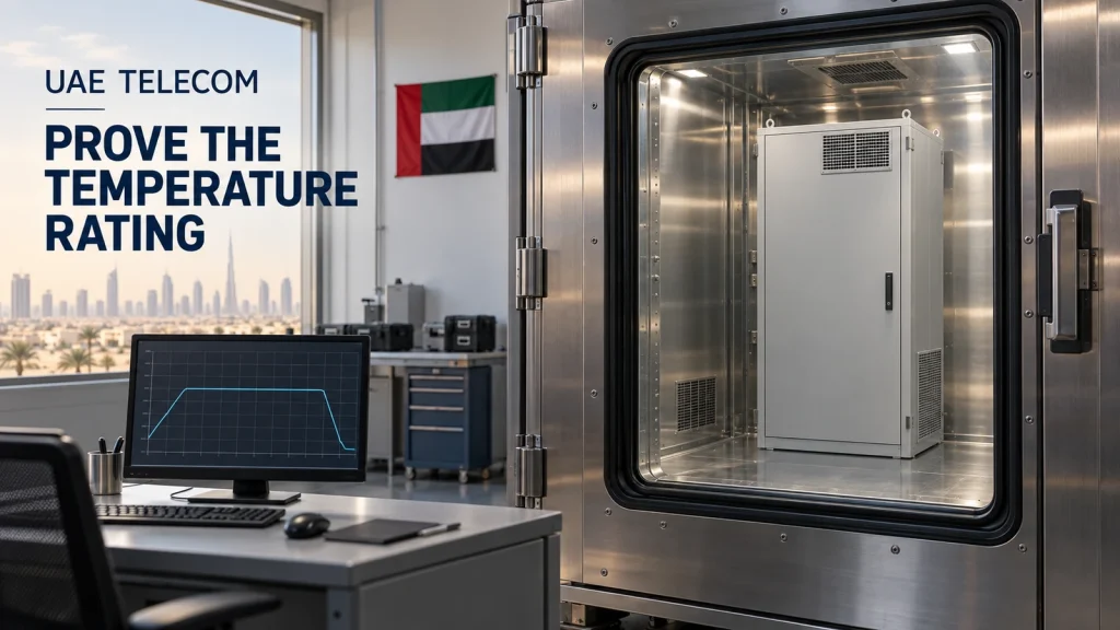 Closed telecom cabinet viewed through a thermal chamber window in an illustrative UAE laboratory with the national flag.
