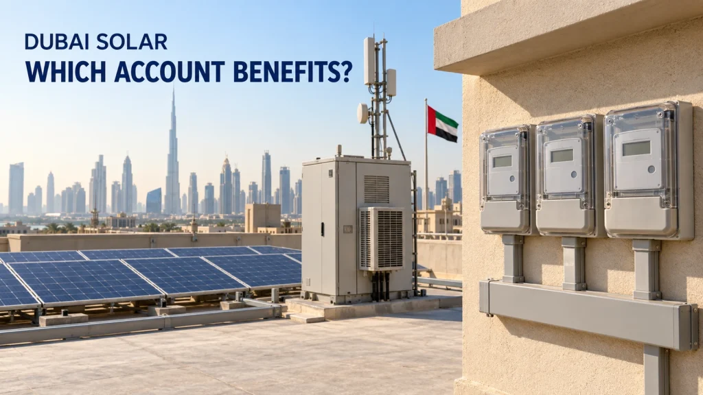Illustrative Dubai rooftop with solar panels, a closed telecom cabinet and metering equipment, accompanied by the UAE flag.