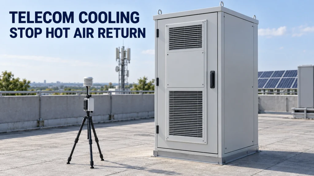 Illustrative telecom cabinet with integrated cooling louvers and a shielded temperature logger in an open rooftop service area.