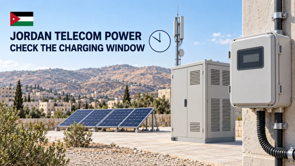 Illustrative Jordan telecom power site with a protected meter enclosure, closed energy cabinet, solar panels and a Jordan flag.