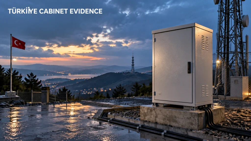 Editorial blue-hour telecom cabinet scene in Türkiye with a small Turkish flag and the title “Türkiye Cabinet Evidence”; not qualification evidence.