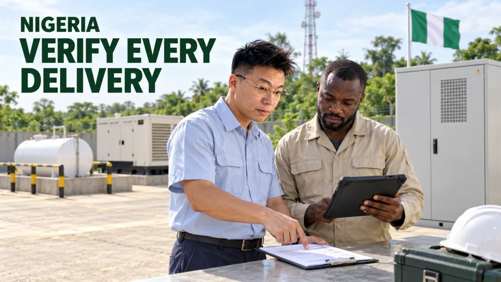 Engineers compare a diesel delivery record and tablet beside telecom power equipment, with a Nigerian flag behind them.