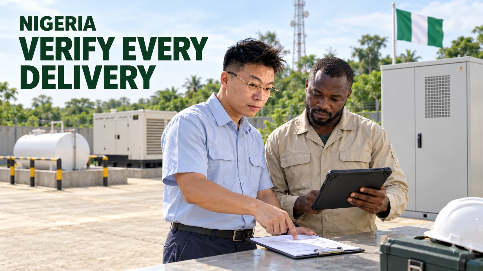 Engineers compare a diesel delivery record and tablet beside telecom power equipment, with a Nigerian flag behind them.