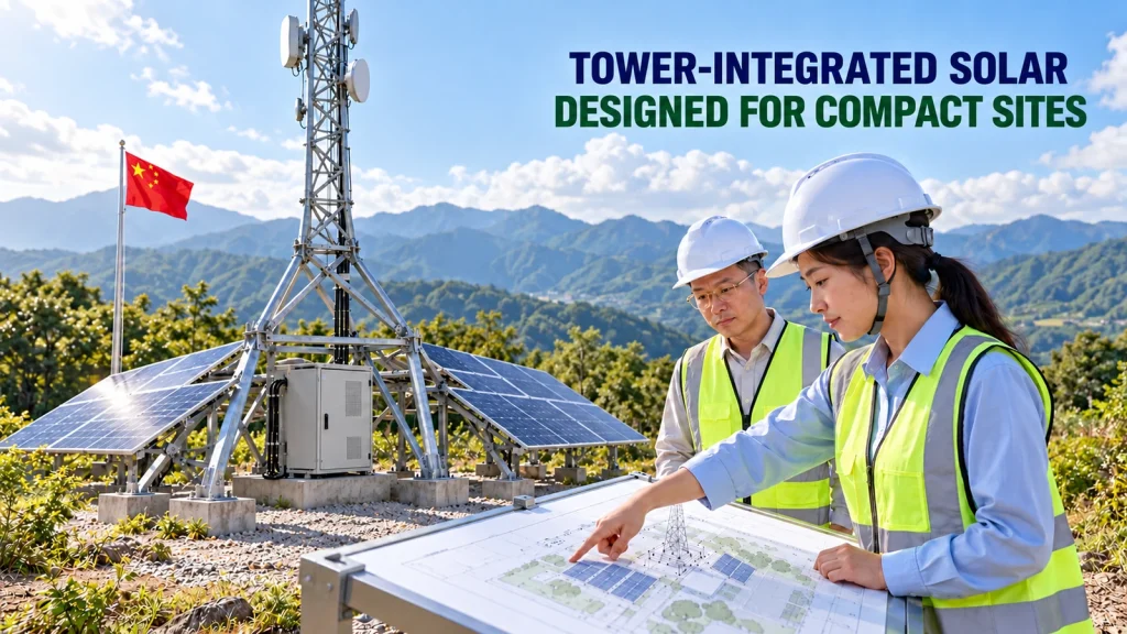 Engineers review tower-integrated solar panels around a slender tower base and cabinet at a mountain microwave site with a Chinese flag.