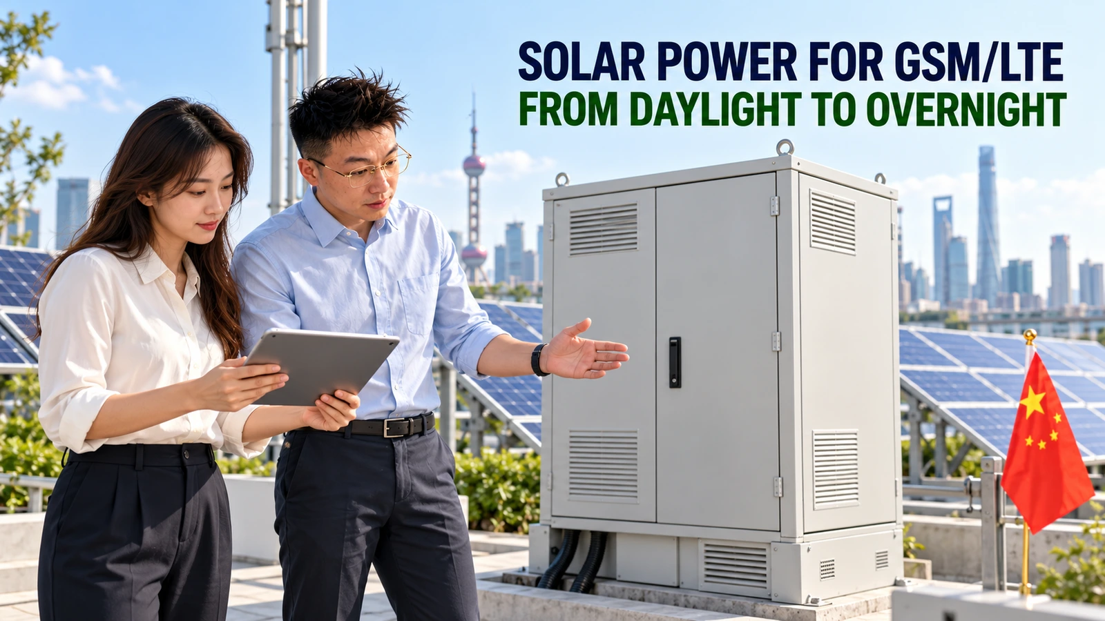 Engineers review a tablet beside a closed telecom energy cabinet and solar panels at a conceptual Shanghai demonstration site with a Chinese flag.