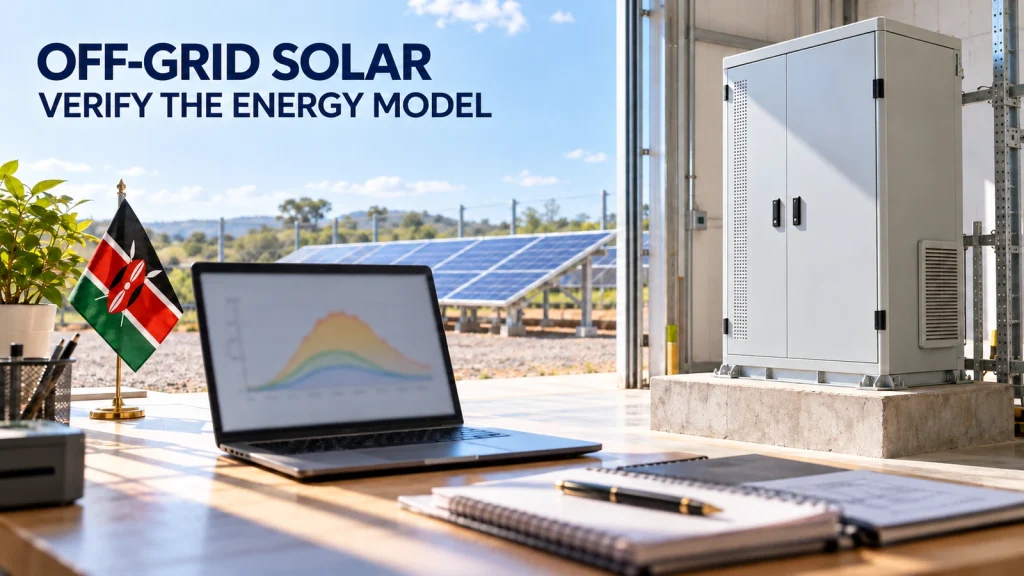 A laptop with a blurred conceptual energy chart beside a closed telecom energy cabinet, an outdoor solar array and a small Kenyan flag.