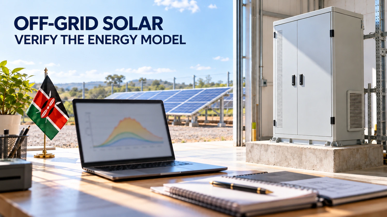 A laptop with a blurred conceptual energy chart beside a closed telecom energy cabinet, an outdoor solar array and a small Kenyan flag.