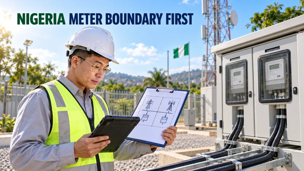 Engineer reviews a meter-boundary map beside an outdoor telecom power cabinet, with a Nigerian flag in the background.