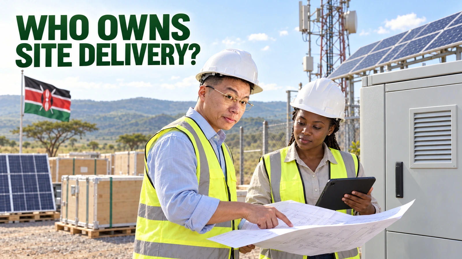 Engineers review a delivery drawing beside a telecom power cabinet, packed solar equipment and a Kenyan flag.