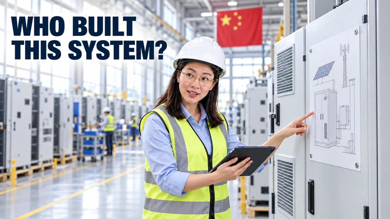 Asian female engineer checks a telecom solar cabinet drawing in a bright factory with a Chinese flag.