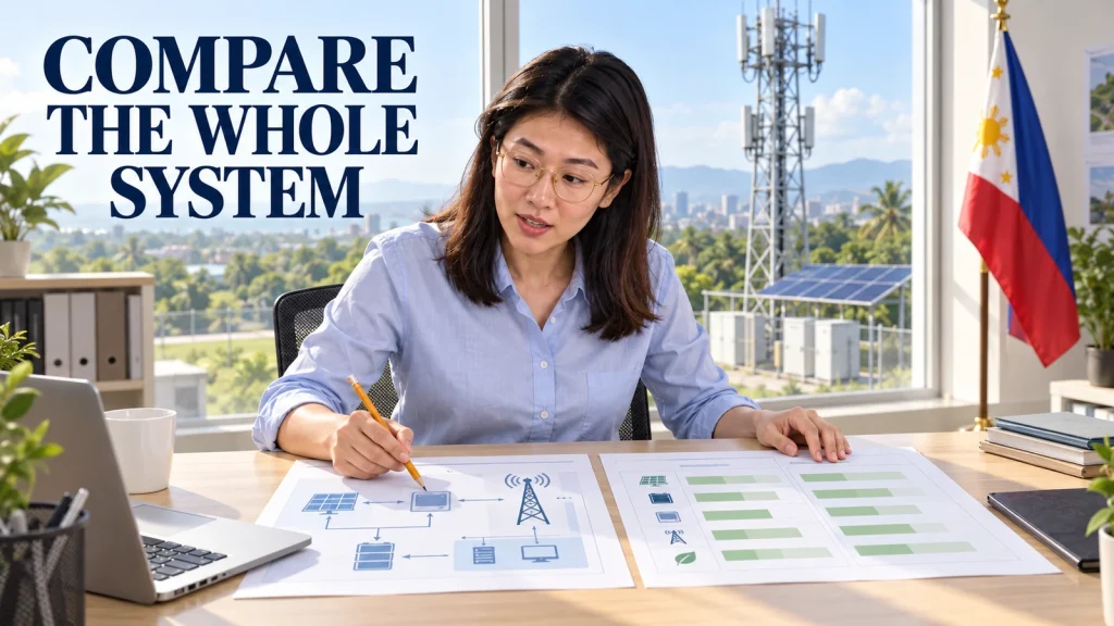 Asian female engineer compares telecom solar proposals at a sunlit desk, with a Philippine flag and a generic tower and solar array outside.