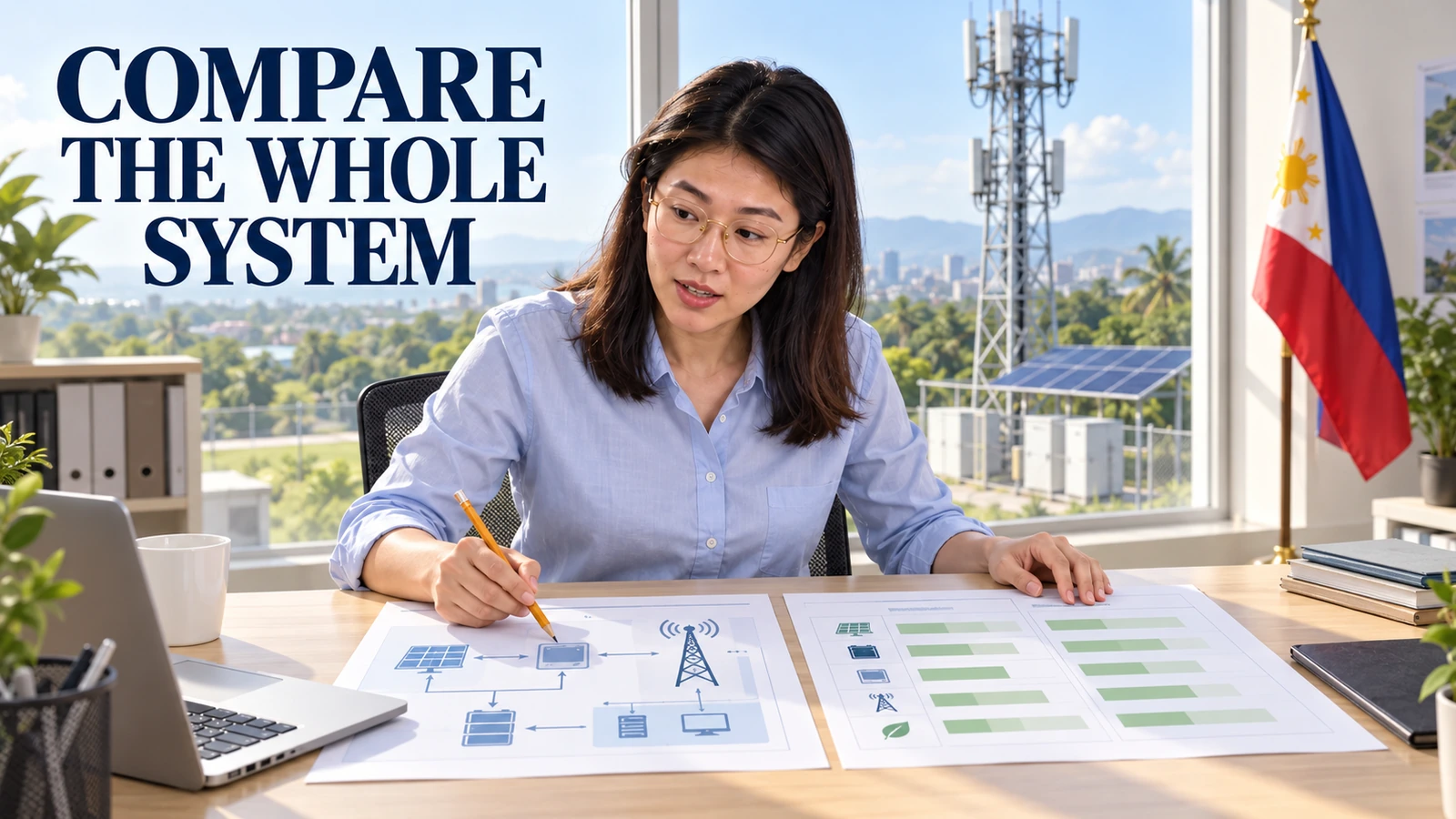 Asian female engineer compares telecom solar proposals at a sunlit desk, with a Philippine flag and a generic tower and solar array outside.