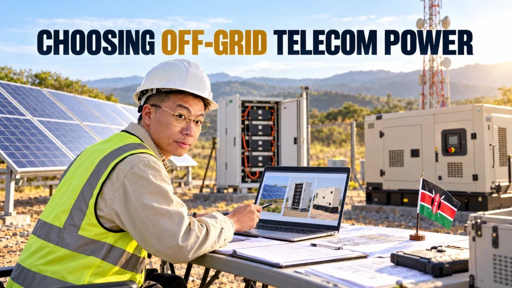 Engineer compares PV, battery and standby generator options at an illustrative Kenyan telecom site.