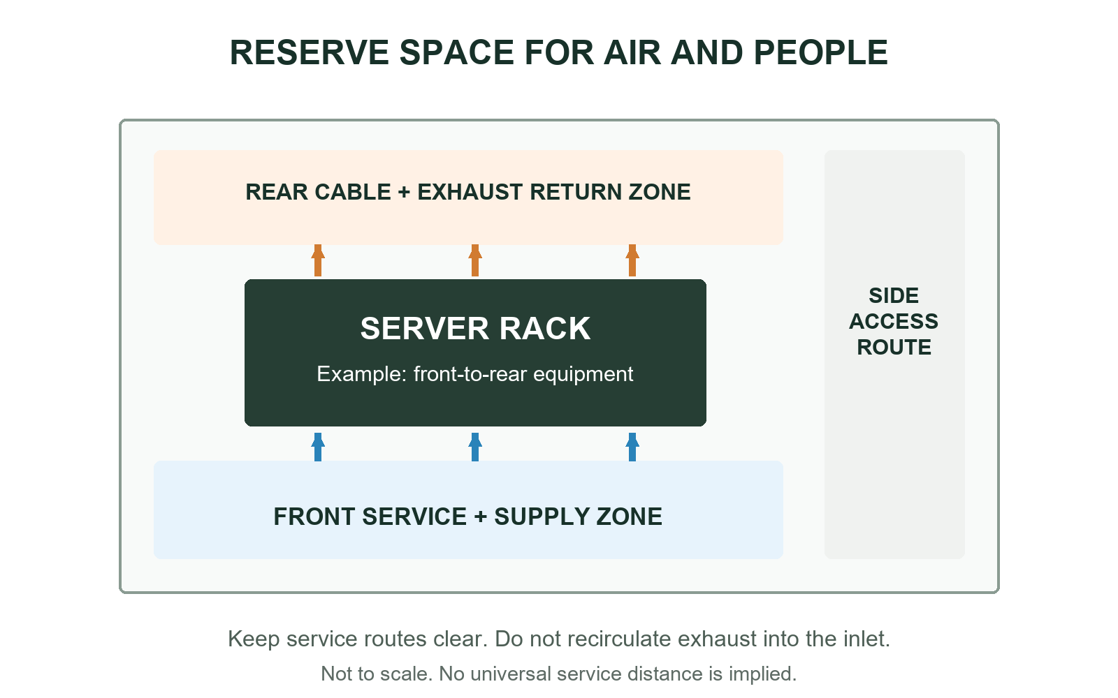 Conceptual plan for front-to-rear equipment showing a front service and supply zone, the rack, a rear cable and exhaust-return zone, and a separate side access route.
